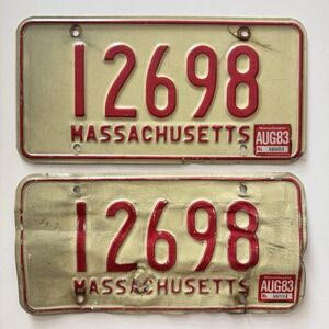 2 Vintage 83 MASS 1980s White Red Massachusetts License Plate‎ # 12698 Auto Tags
